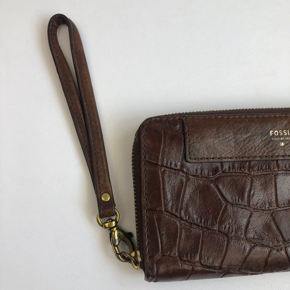 Fossil Brown Leather Croc Embossed Amanda Zip Around Wallet / Wristlet Timeless - Picture 8 of 17